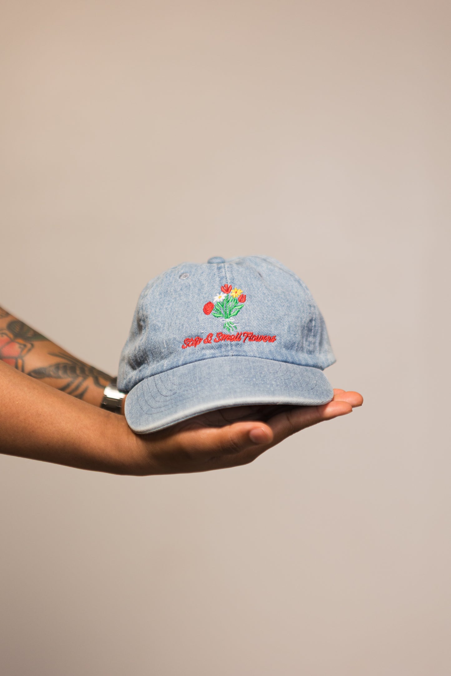 Stop & smell flowers Denim hat